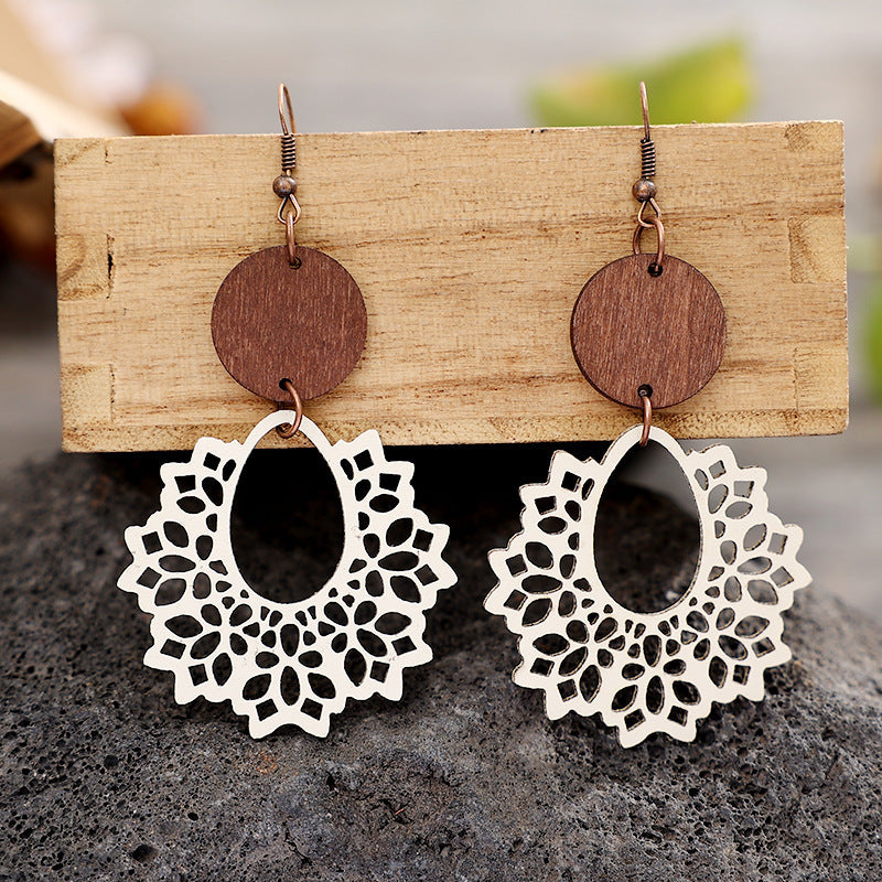 Retro Patchwork Wooden Round Hollow Leather Earrings