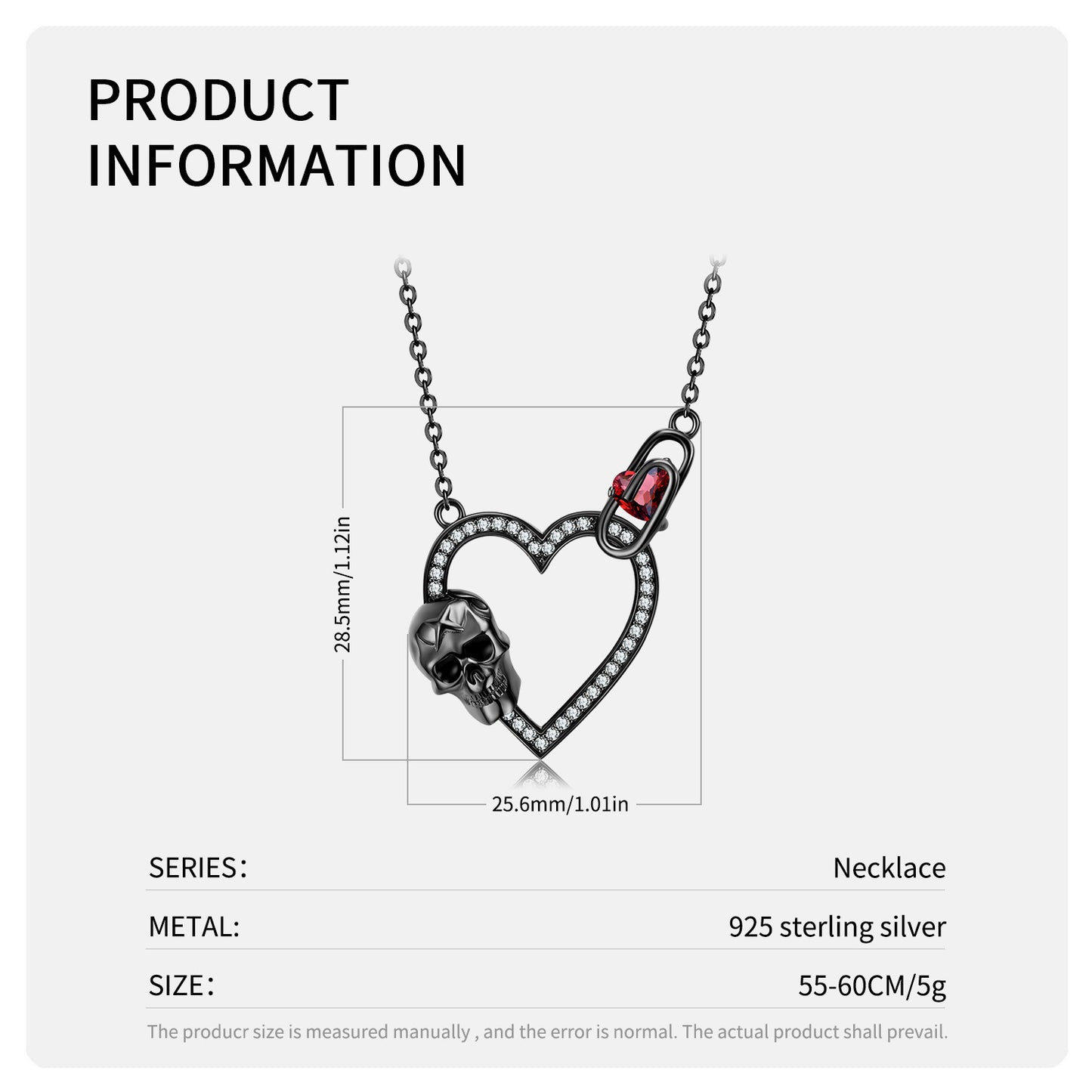 S925 Silver Plated Black Gold Zirconium Set Skull Heart Necklace Dark Retro Gothic Punk