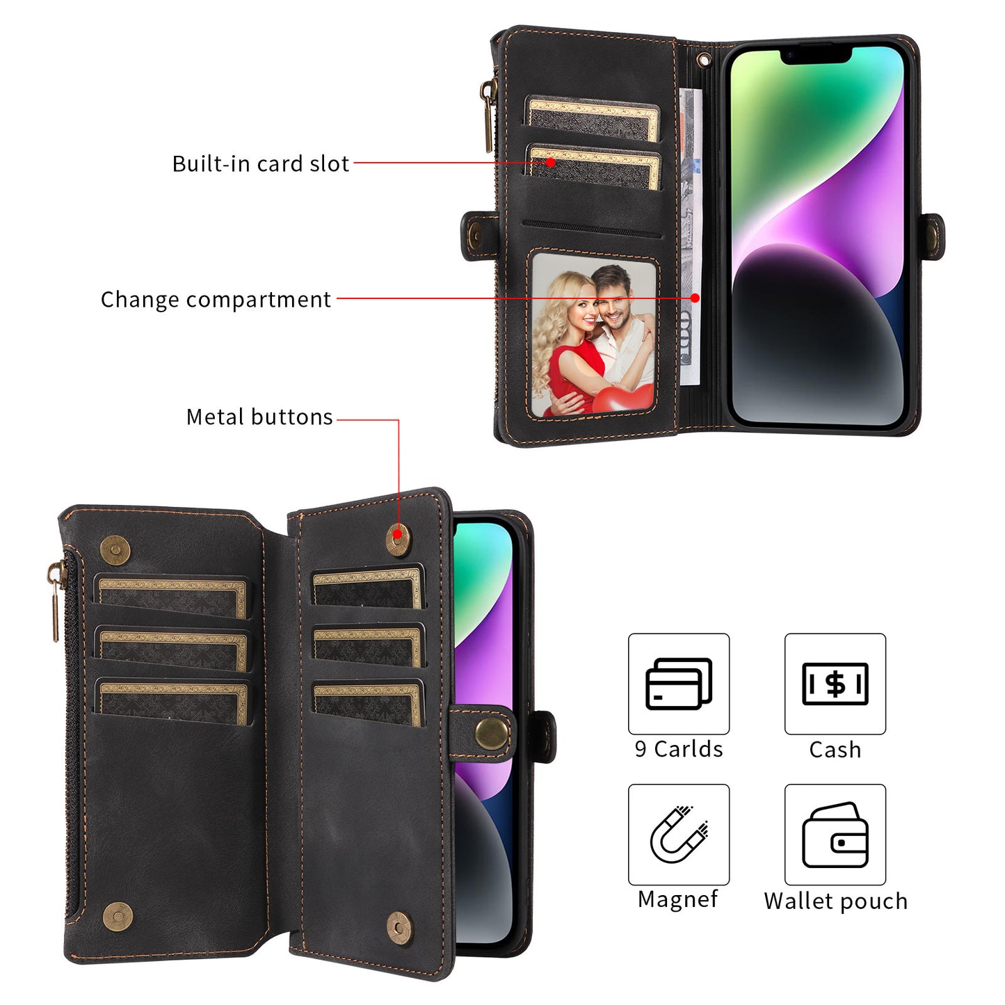 Wallet Flip Zipper Phone Leather Case