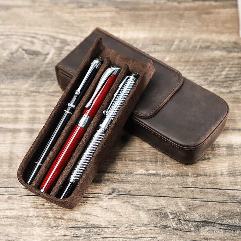 Handmade Magnetic Drawer Crazy Horse Leather Pencil Case