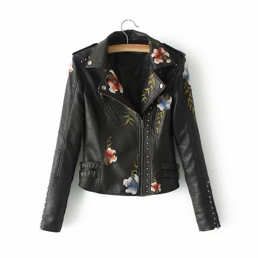 Flower-embroidered Prätkä-style faux leather jacket