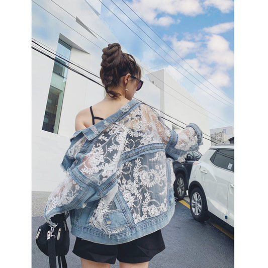 Mesh embroidery ripped denim jacket