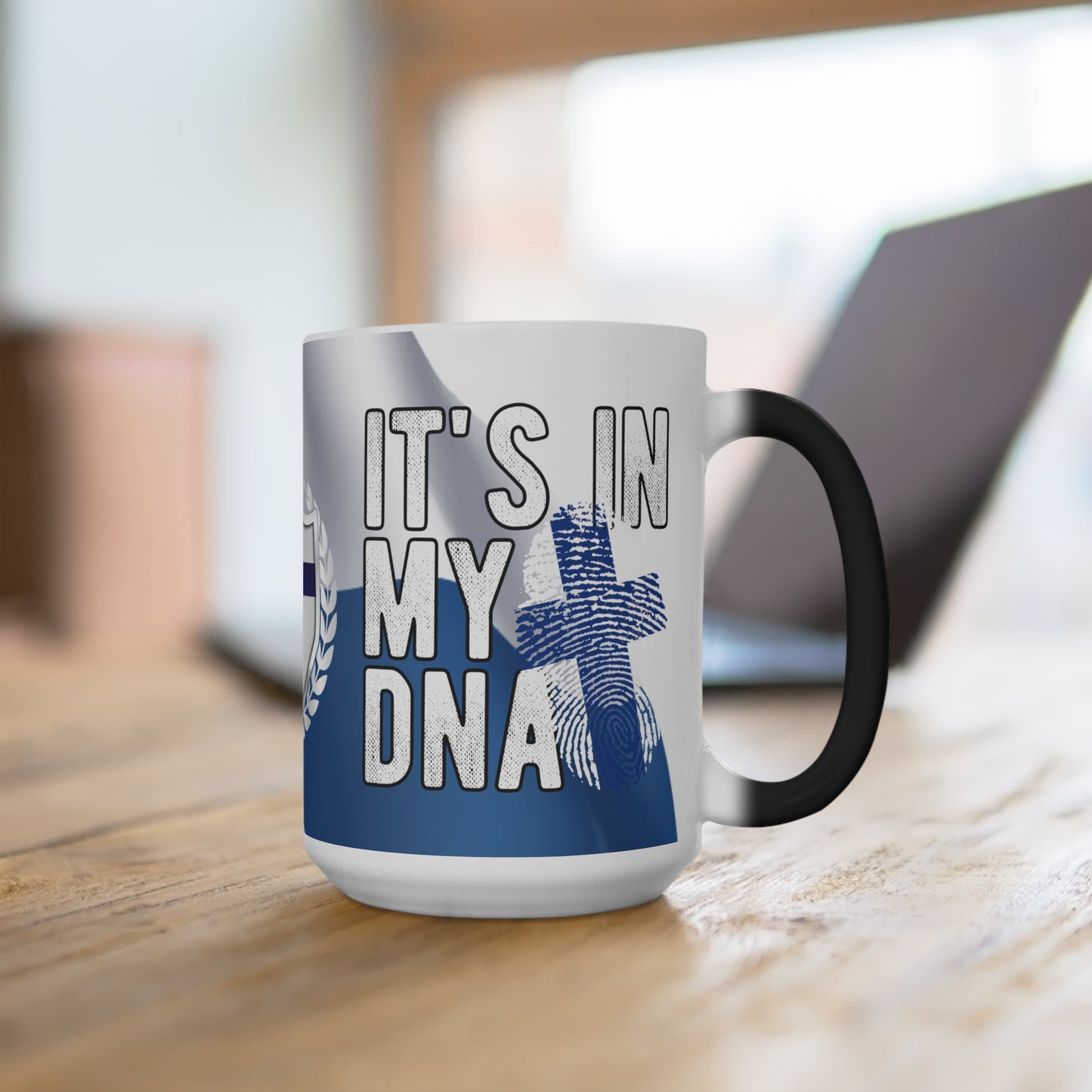 Magic mug with Finnish coat of arms and dna Finland