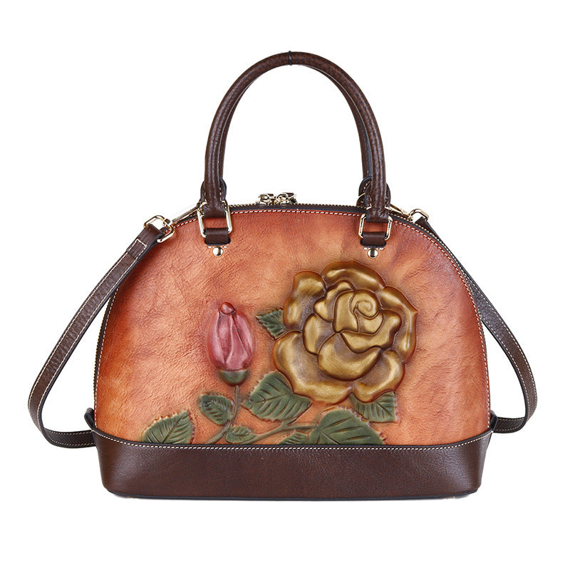 The First Layer Cowhide Bag Rose Embossed Leather Handbag Portable Shell Bag