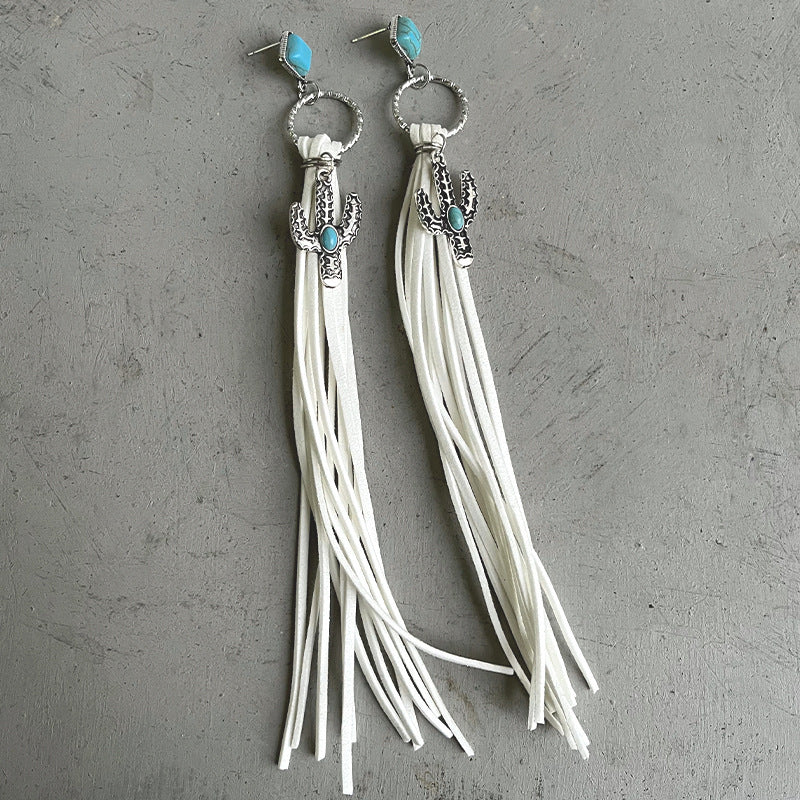 Ornament Creative Personality Retro Long Cactus Turquoise Leather Tassel Earrings