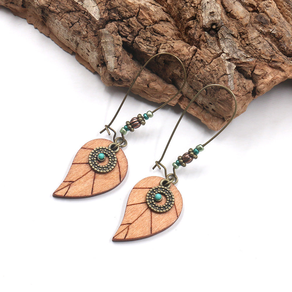 Wood leaves, leaves, ear hook earrings