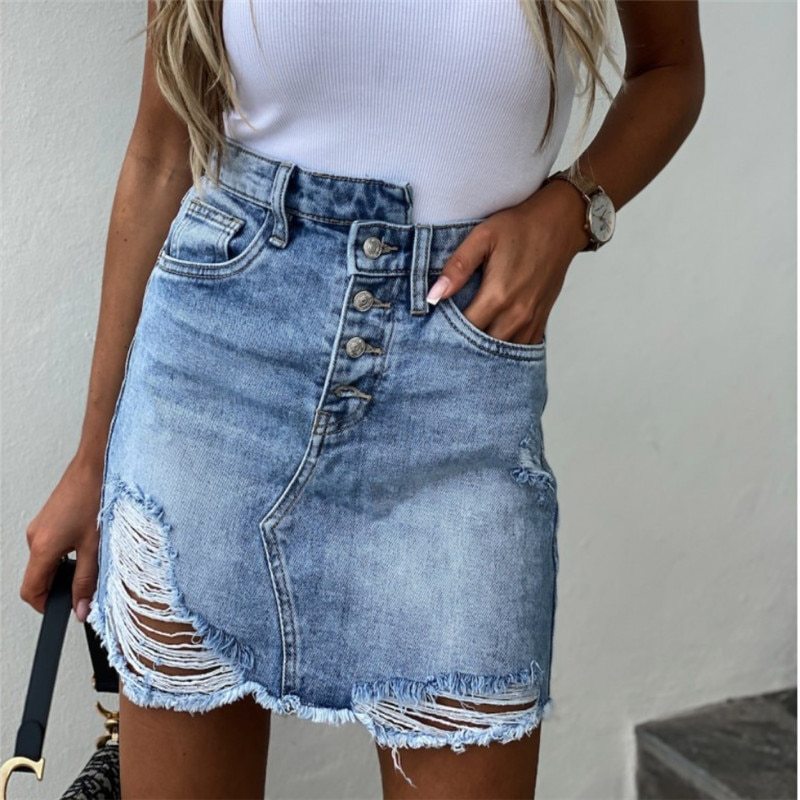 Retro irregular ripped denim skirt