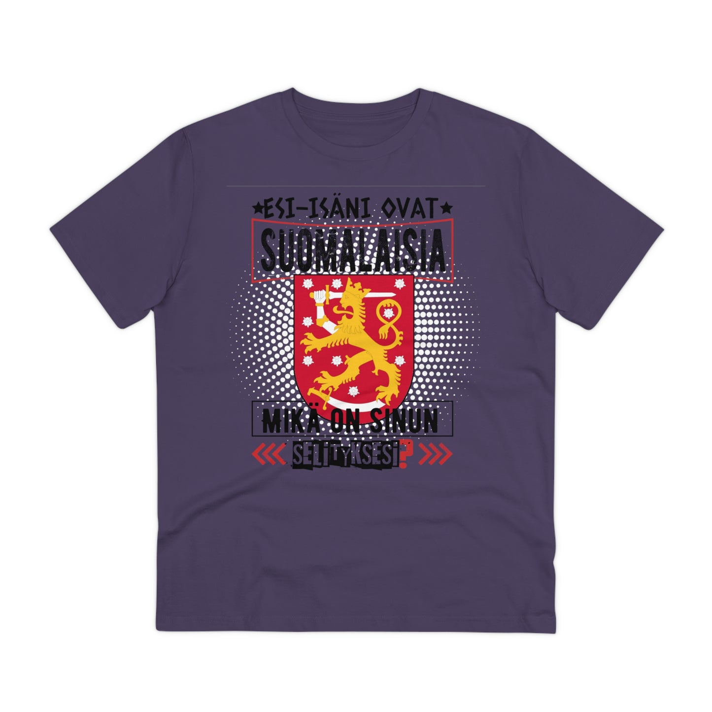 Unisex organic cotton t-shirt - my ancestors are Finnish, what's your explanation, Finnish coat of arms