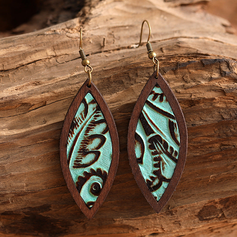 Genuine Leather Retro Embossed Classic Geometric Wooden Earrings