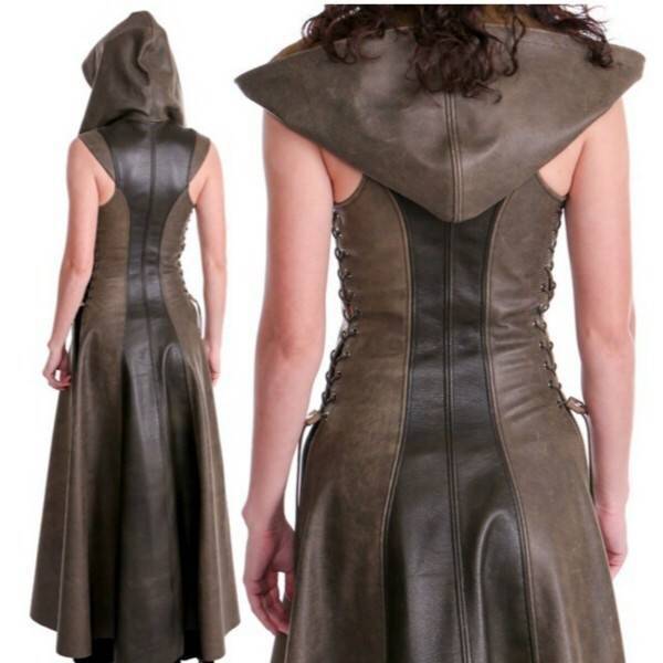 Sleeveless hooded long leather skirt