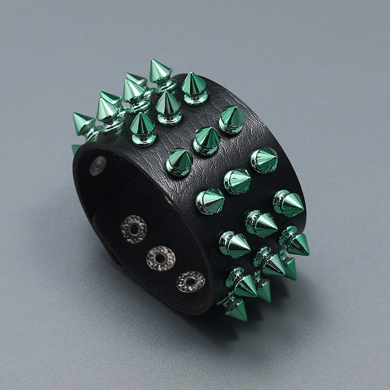 Three-row Colorful Spike Exaggerated Punk Leather Bracelet