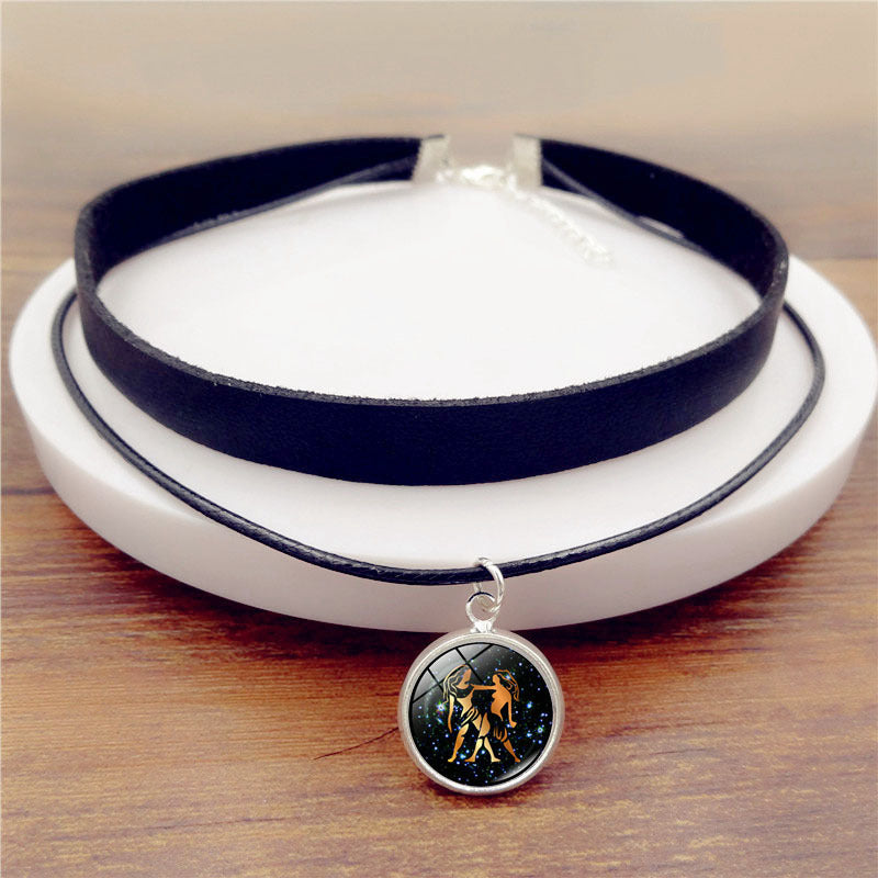 Twelve Constellation Gem Leather Necklace