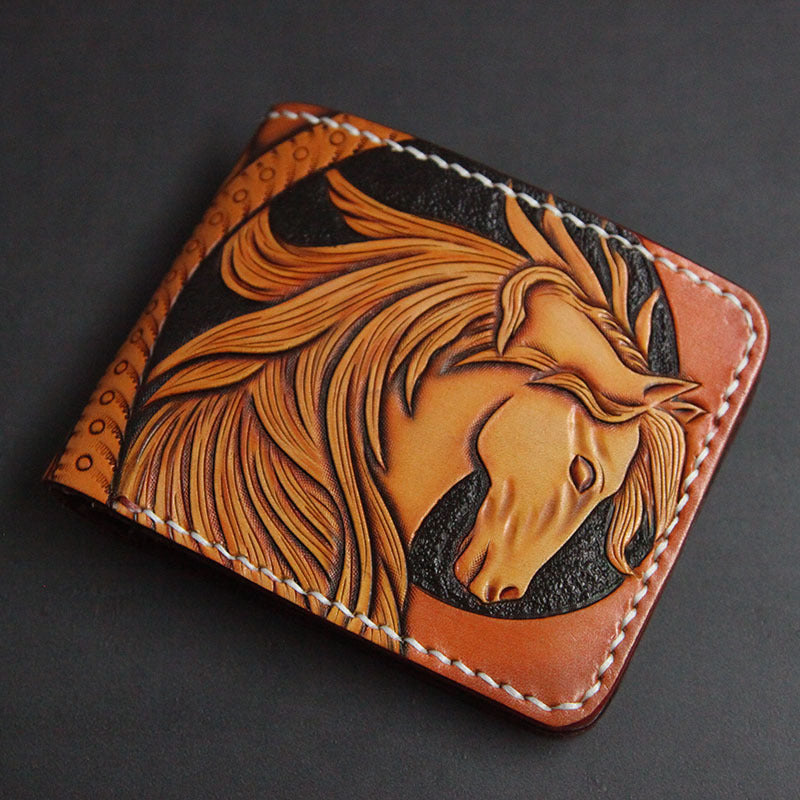 First Layer Cowhide Handmade Leather Carving Wallet Short Carp Couple Gift