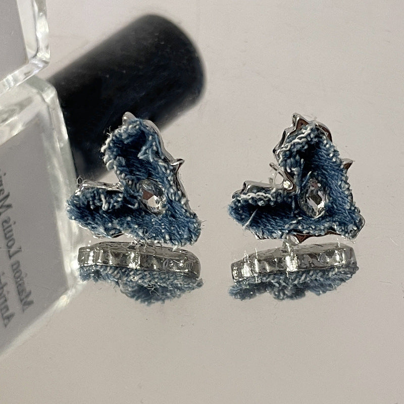 Niche Blue Denim Love Heart Earrings