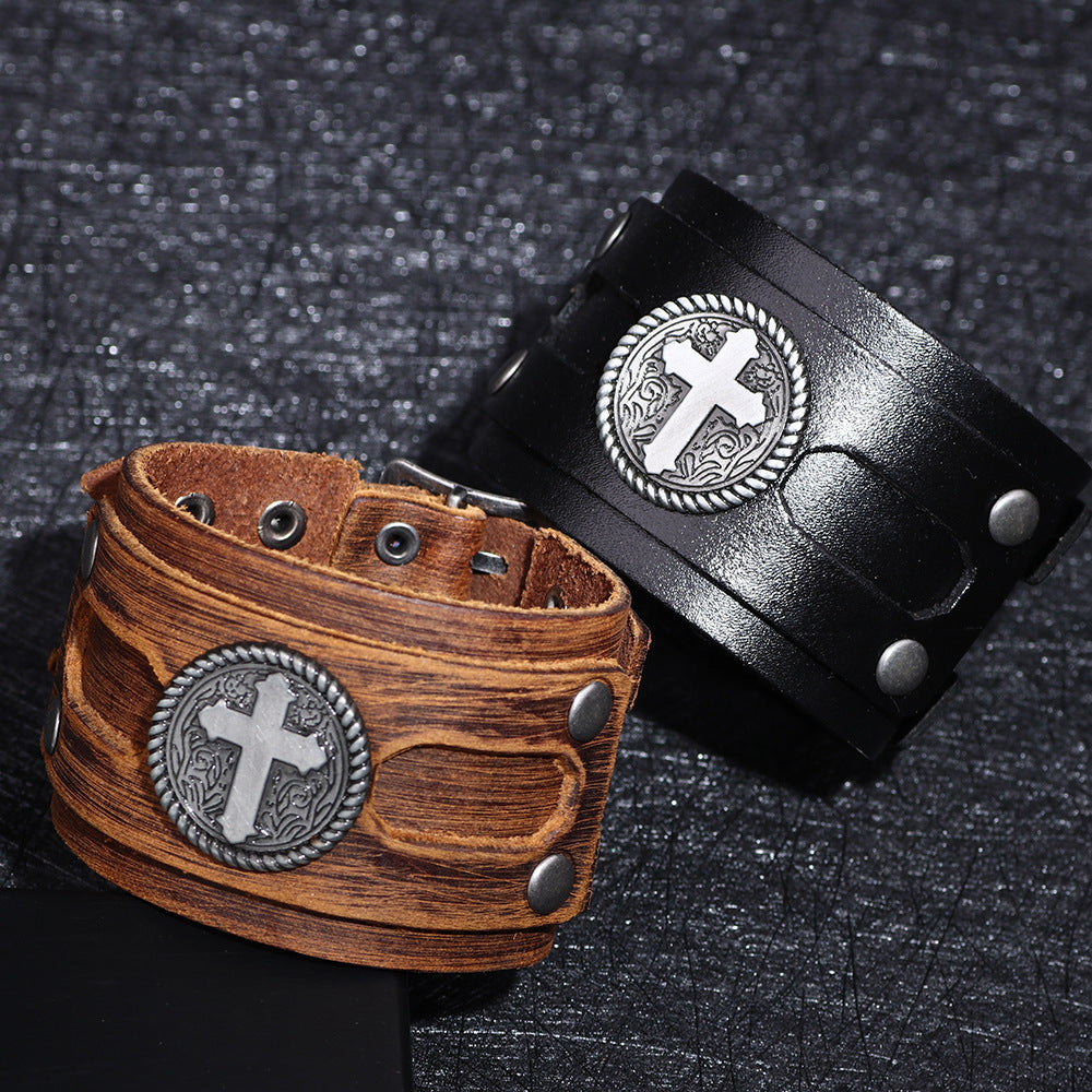 Popular Punk Cattle Leather Bracelet Leather Bracelet Cross Width Leather Bracelet Men's Genuine Leather