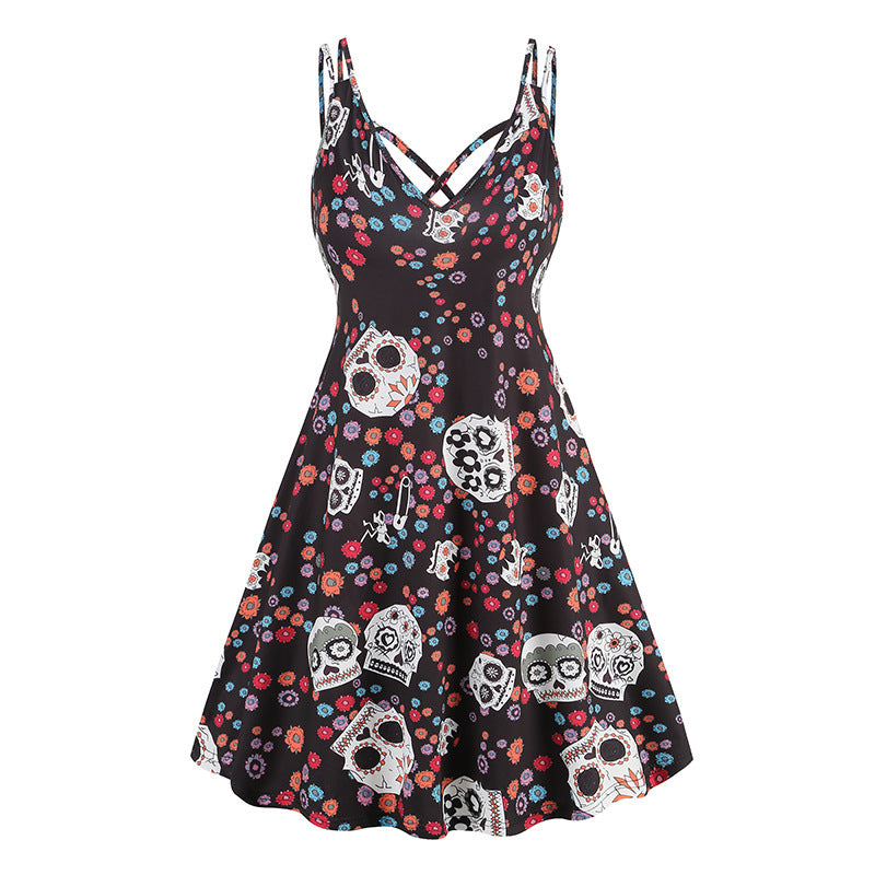 V-neck Strap Halloween Printed Pumpkin Flowers Bat Gothic Dress