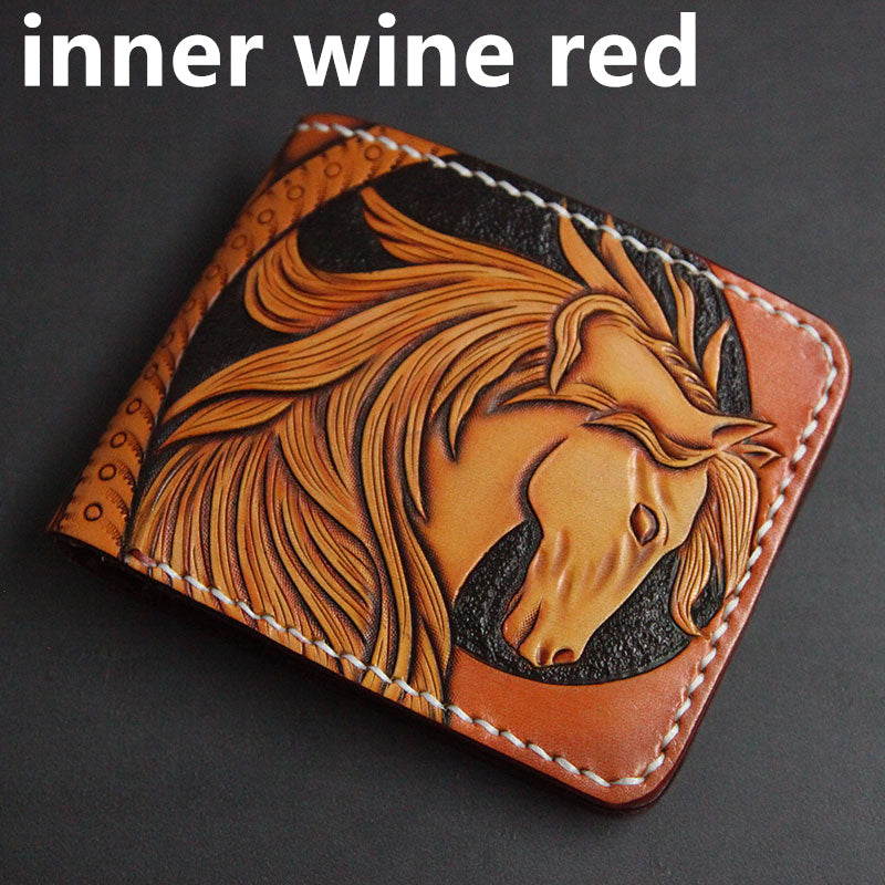 First Layer Cowhide Handmade Leather Carving Wallet Short Carp Couple Gift