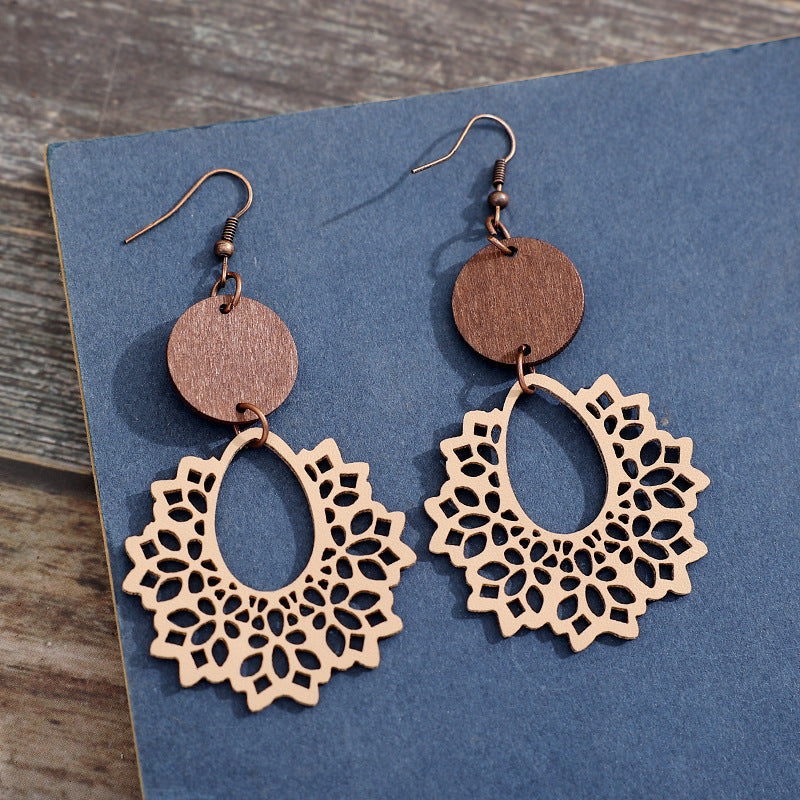 Retro Patchwork Wooden Round Hollow Leather Earrings