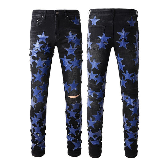 High Street Leather Dark Blue Star Trendy High Craft Stretch Slim Jeans