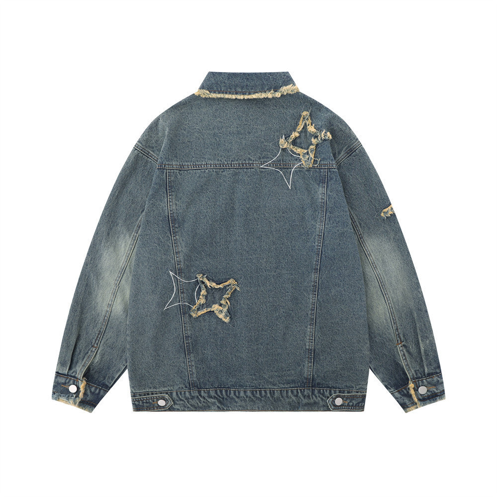 Five-pointed Star Patch Cat Beard Denim Coat Men's Design Sense Washed Distressed Jacket