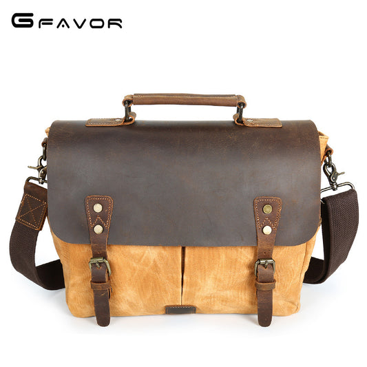 New men's shoulder wax canvas bag waterproof bag retro crazy horse leather briefcases Xiekua package male