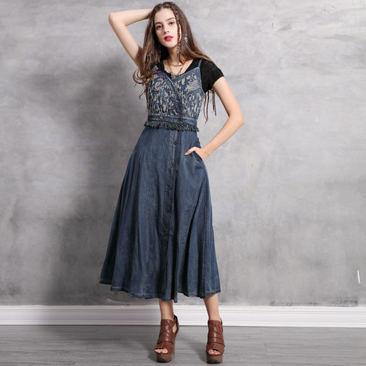 Mid-length embroidered denim skirt