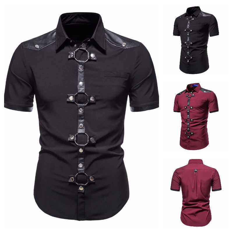 New European And American Men's Gothic Style Rivet Leather Patchwork Short-sleeved Shirt Simple Fashion Costume