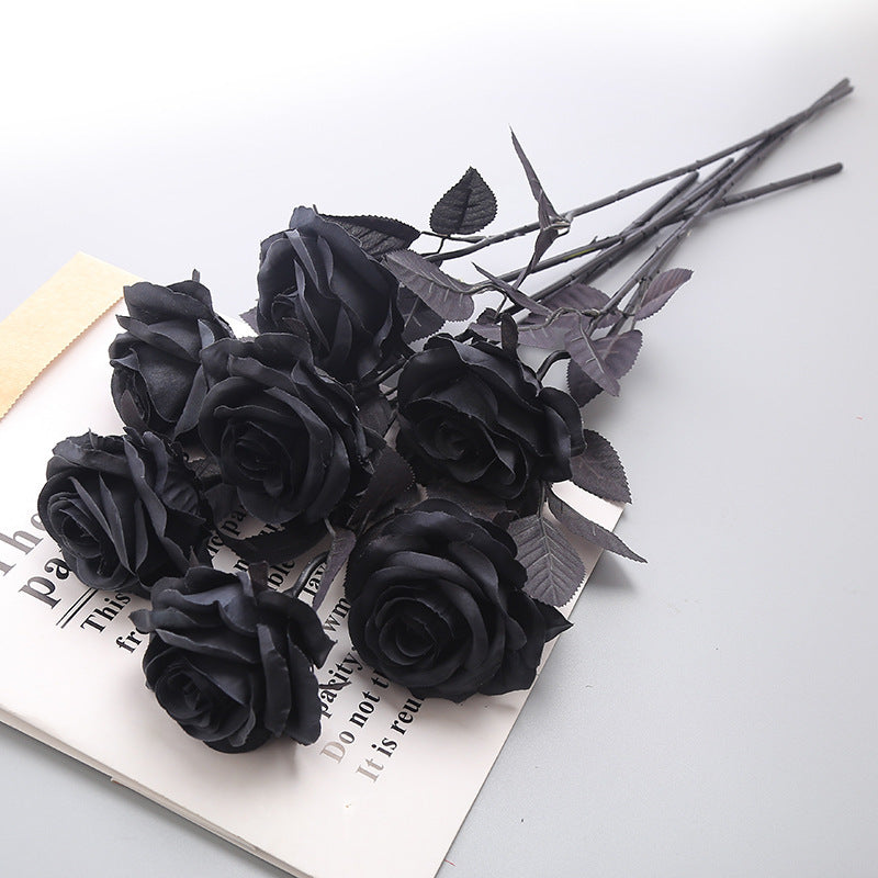 Simulation Pure Black Single Rose Bouquet Gothic Style Dark Series Decorative Fake Flower