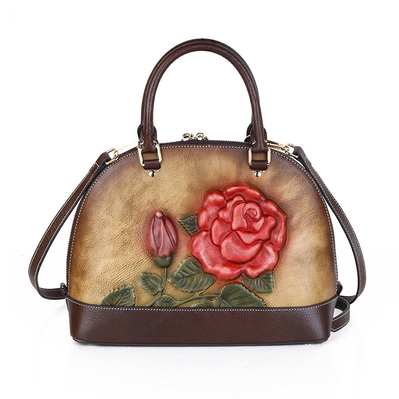 The First Layer Cowhide Bag Rose Embossed Leather Handbag Portable Shell Bag