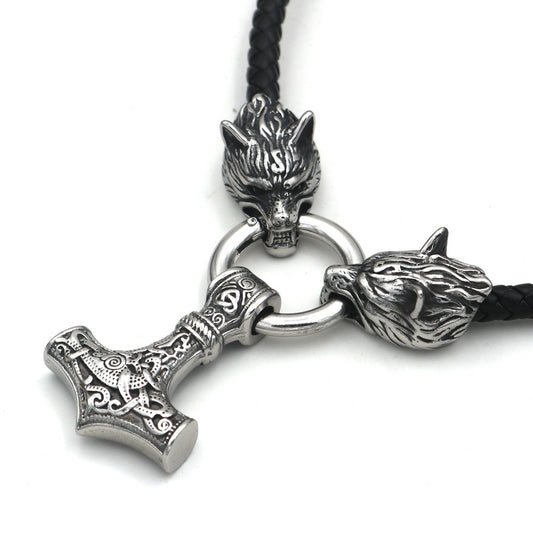 Viking Wolf Head With Mjolnir Pendant