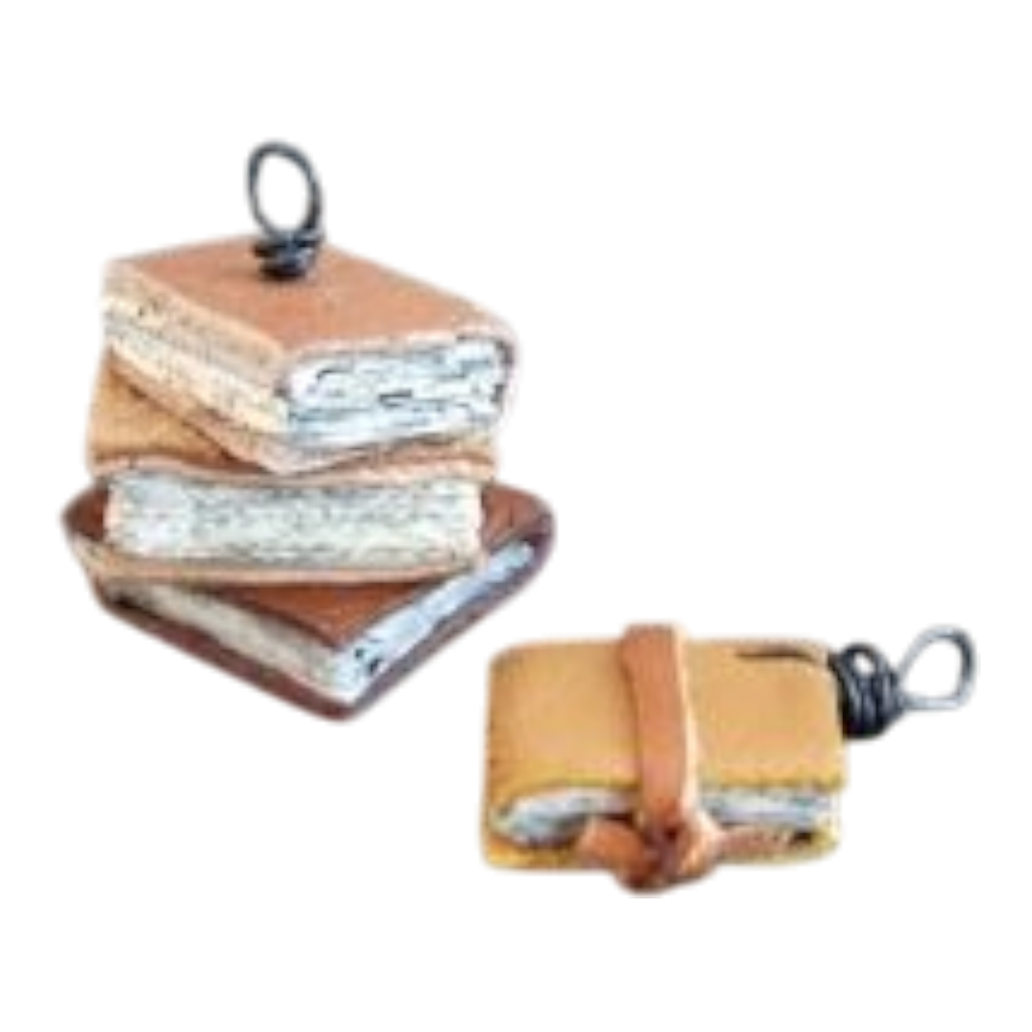 Uniikit korut miniatyylikirjalla ja nahkakansilla
