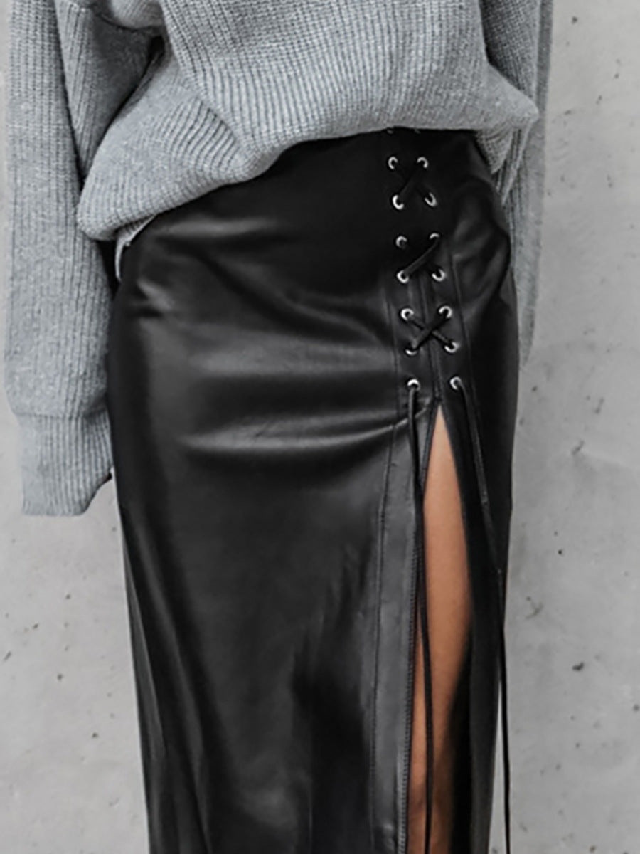 Punk Lace-up Black PU Leather Skirt Women