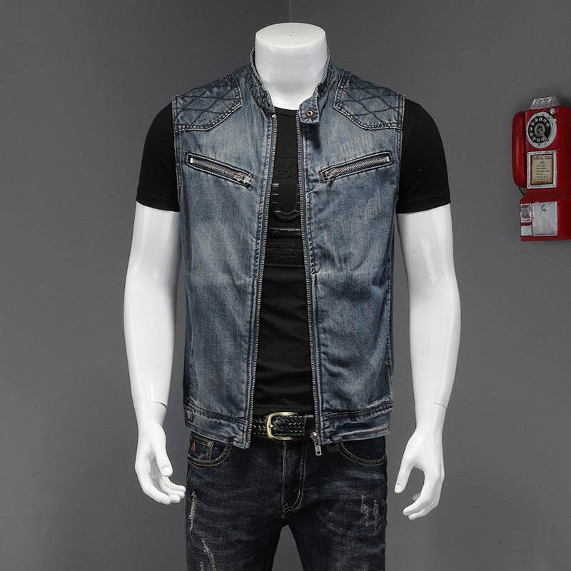 Men's Motorcycle Stand Collar Denim Vest