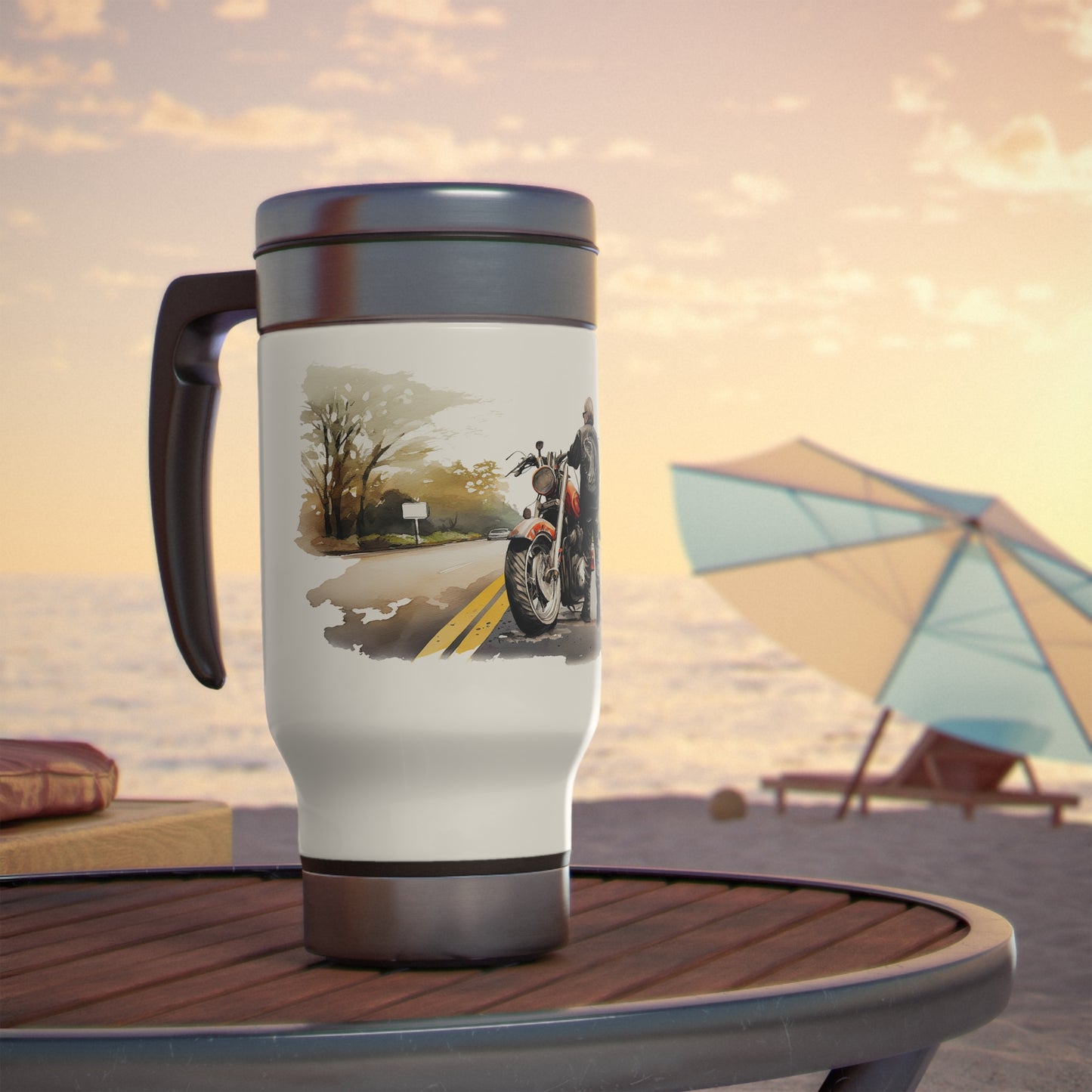 Thermos mug man and motorcycle