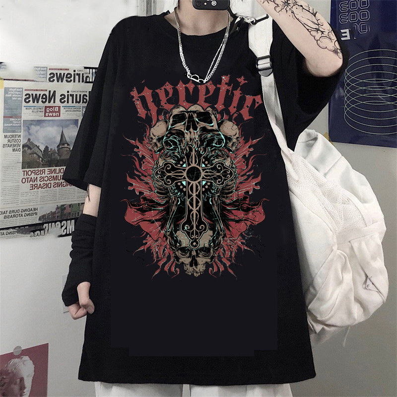 Men And Women Gothic Style Print Round Neck Loose T-shirt Short Sleeve