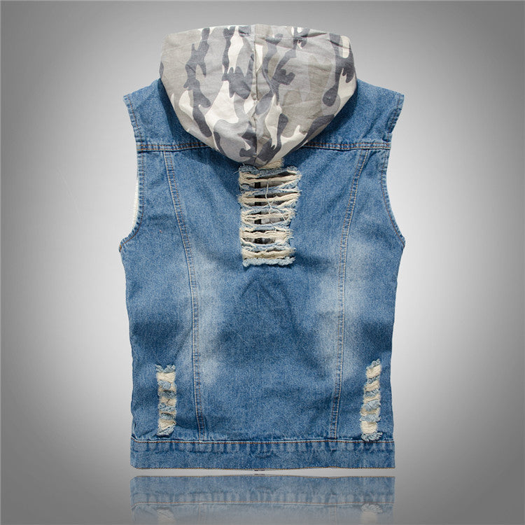 Men's ripped denim vest hooded denim vest