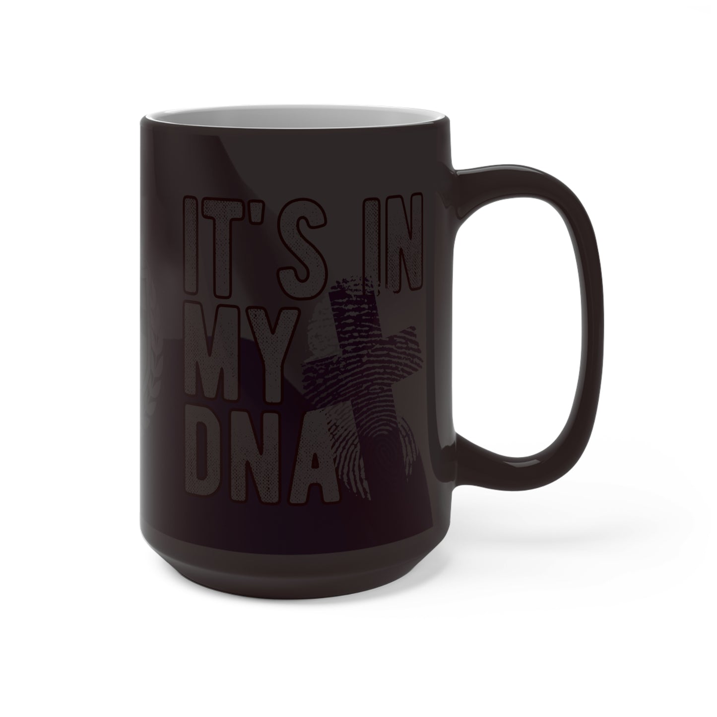 Magic mug with Finnish coat of arms and dna Finland