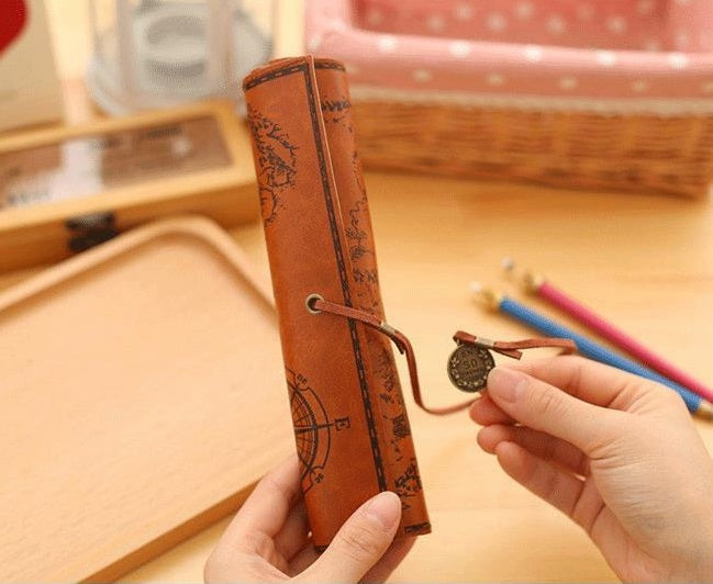 Faux Leather Pirate Themed Roll Up Pencil Case