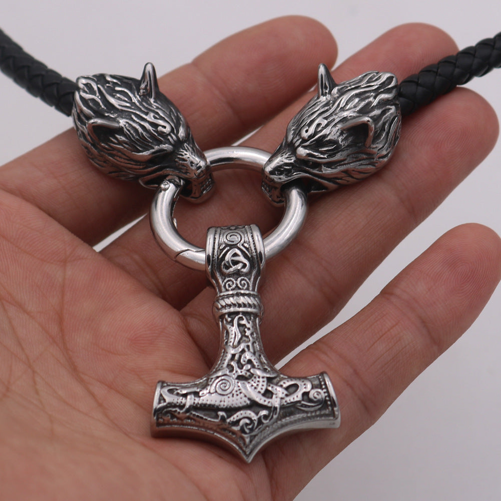 Viking Wolf Head With Mjolnir Pendant