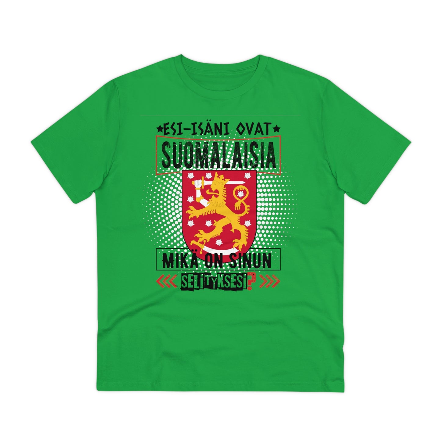 Unisex organic cotton t-shirt - my ancestors are Finnish, what's your explanation, Finnish coat of arms