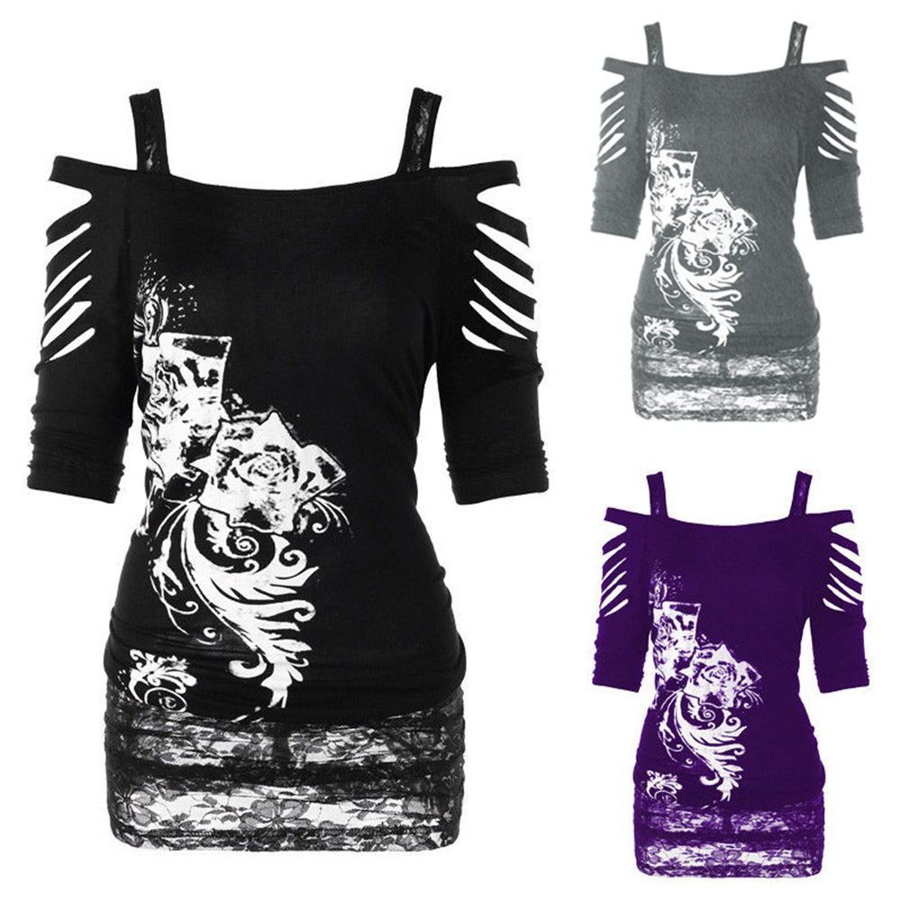 New Off Shoulder Printed Rock Gothic Sling T-Shirt