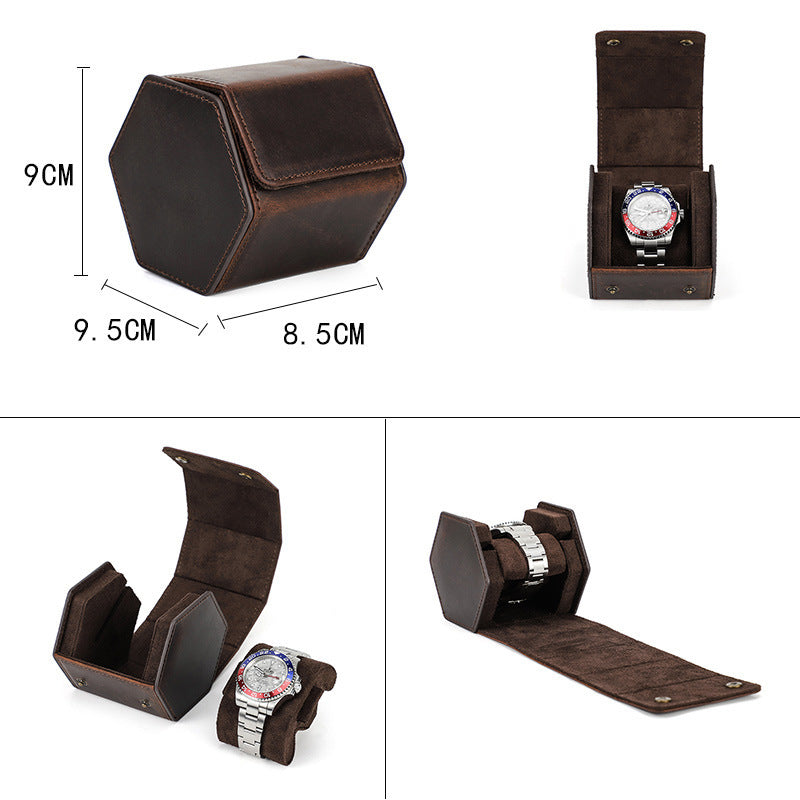 Hexagonal Single Pack Watch Box Crazy Horse Leather