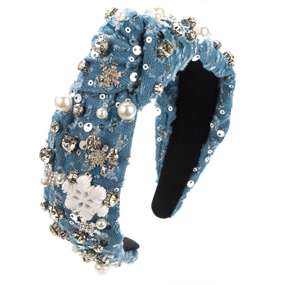 Fashion Denim Rhinestone Pearl Headband