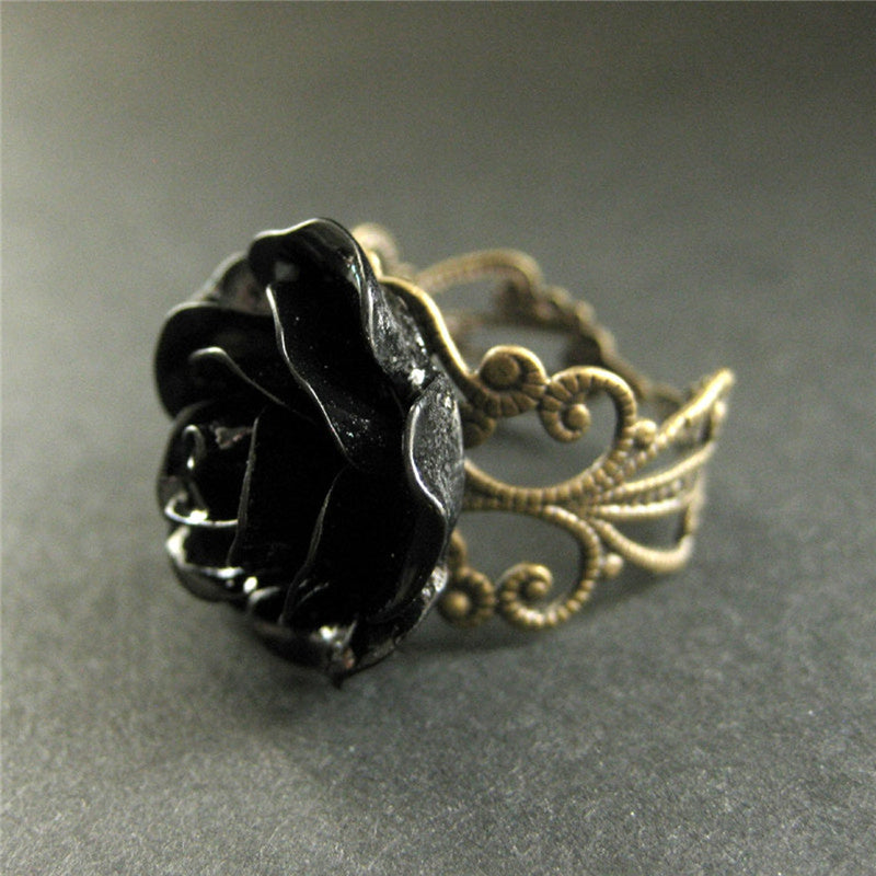 Black Flower Adjustable Gothic Ring