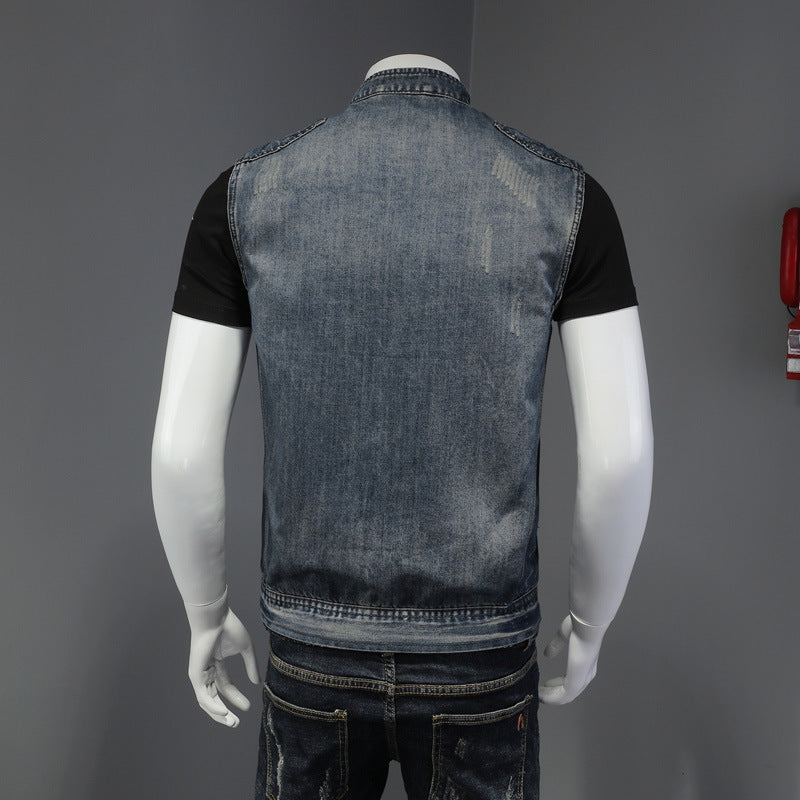 Men's Motorcycle Stand Collar Denim Vest