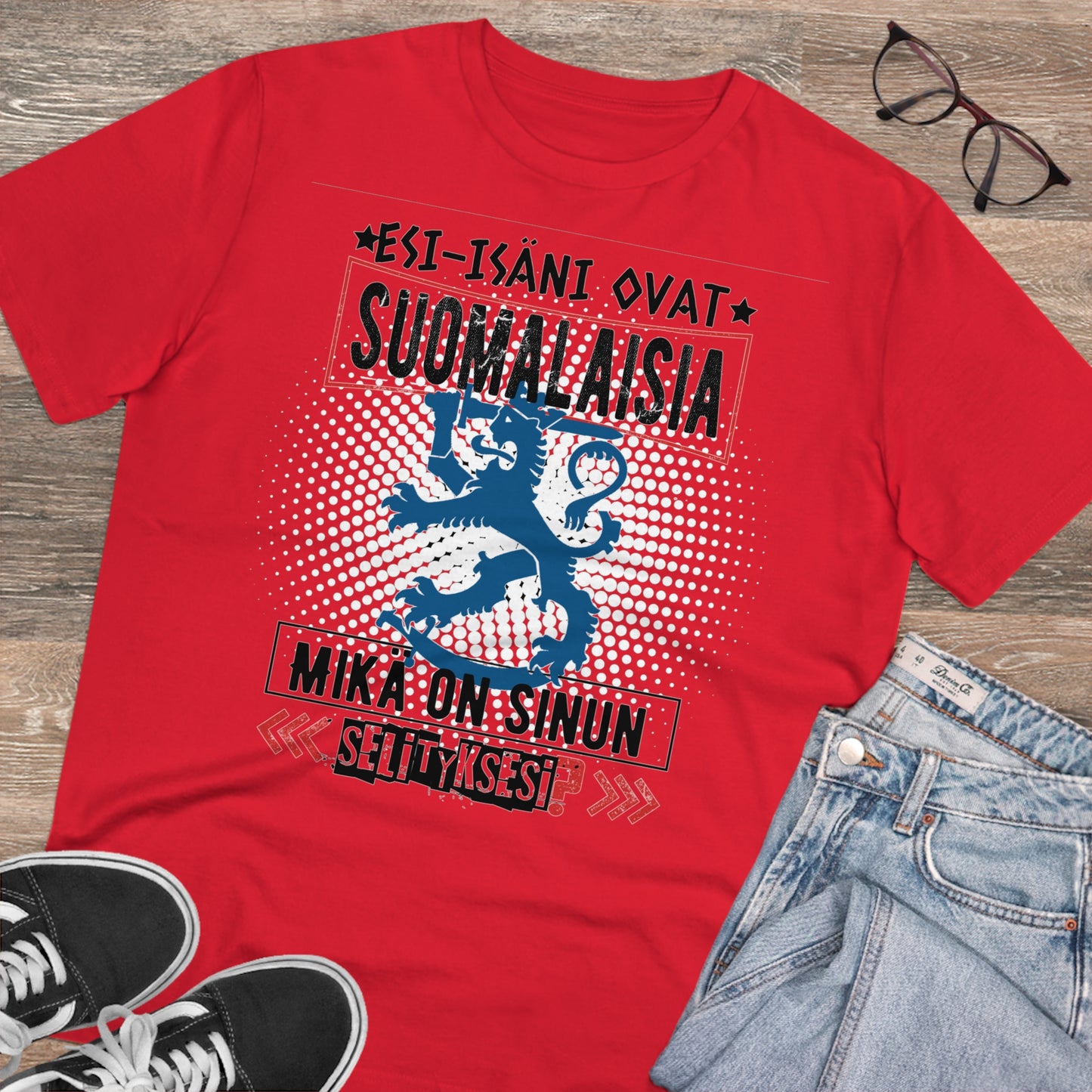 T-shirt unisex eco cotton - my ancestors are Finnish, what is your explanation, Suomileijona