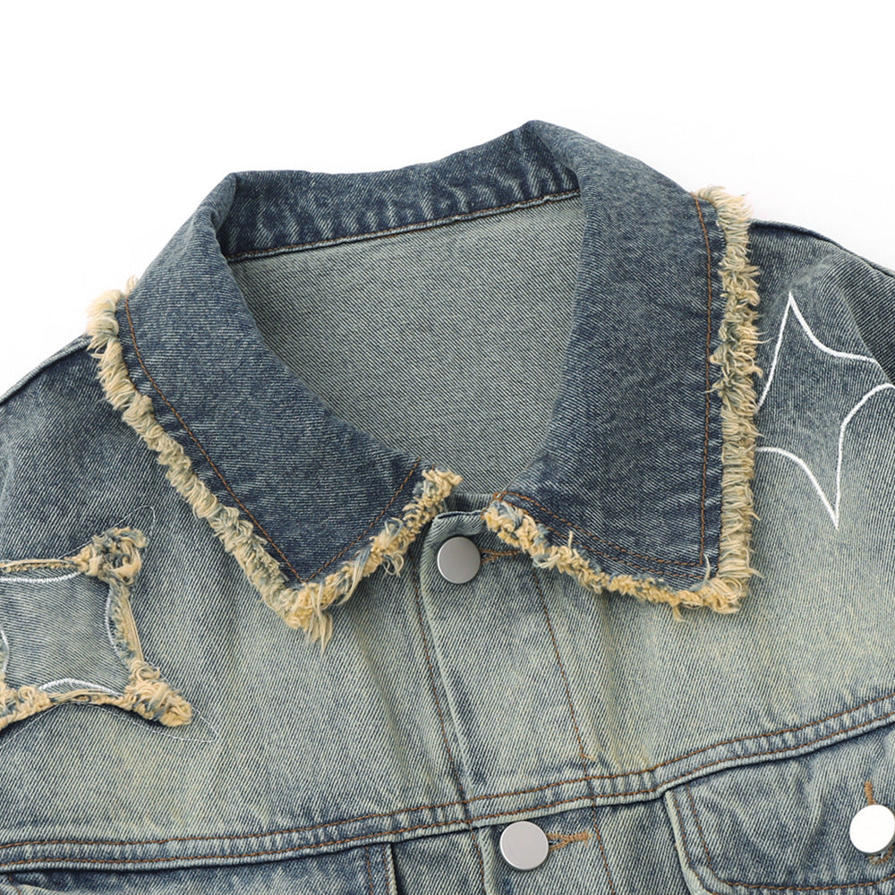 Five-pointed Star Patch Cat Beard Denim Coat Men's Design Sense Washed Distressed Jacket