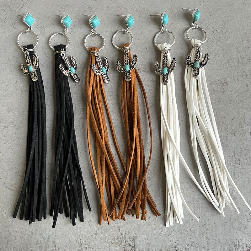 Ornament Creative Personality Retro Long Cactus Turquoise Leather Tassel Earrings