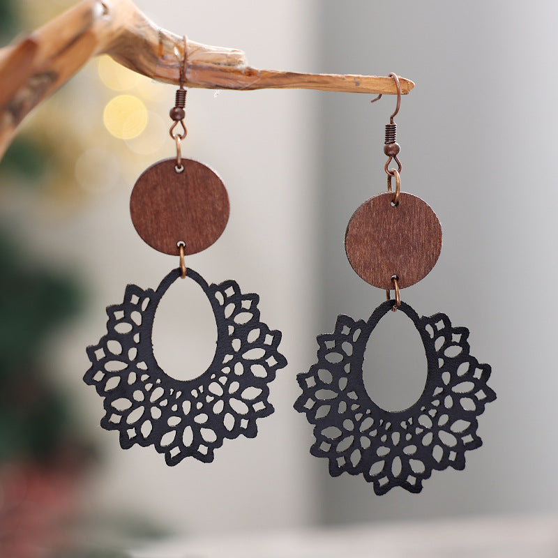 Retro Patchwork Wooden Round Hollow Leather Earrings