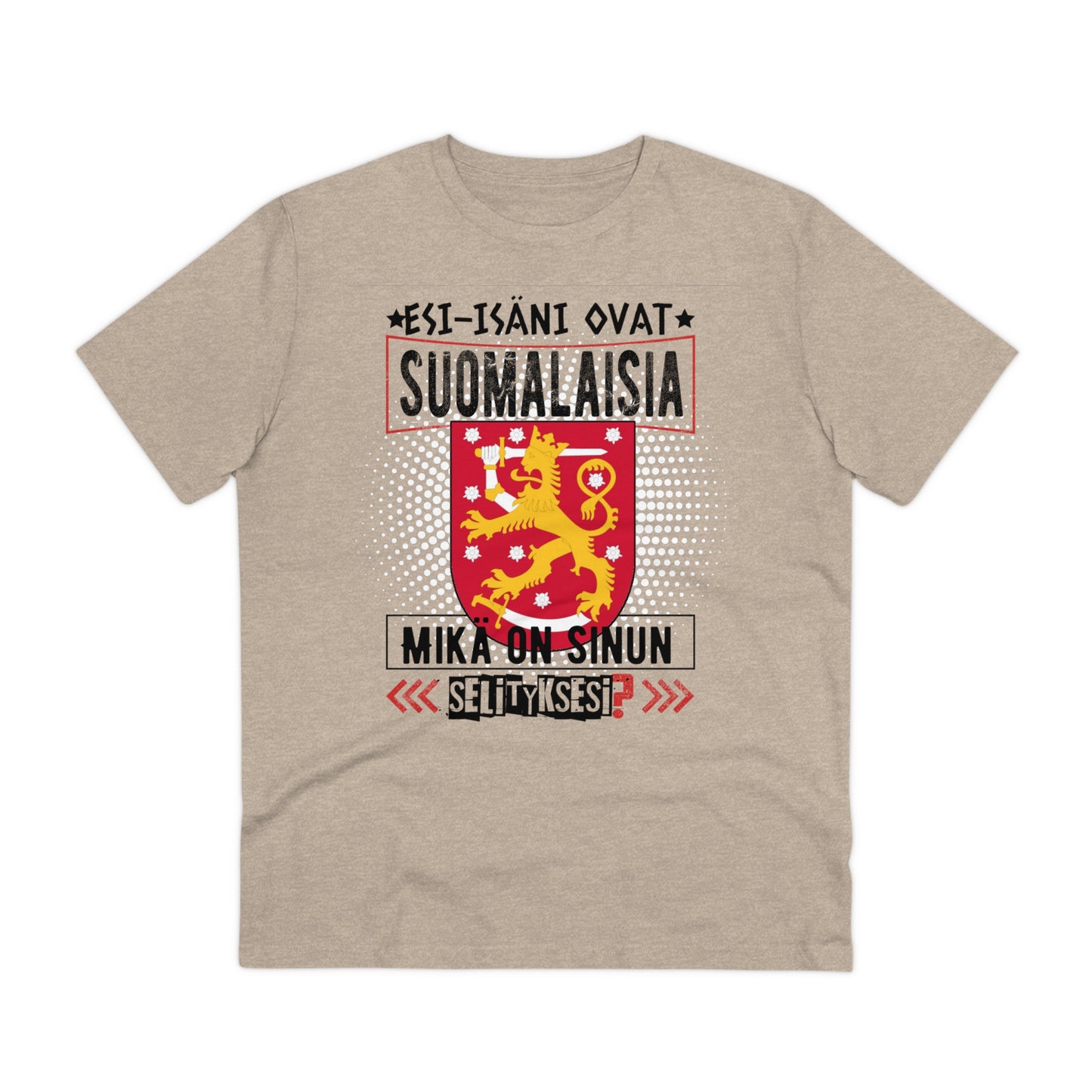 Unisex organic cotton t-shirt - my ancestors are Finnish, what's your explanation, Finnish coat of arms